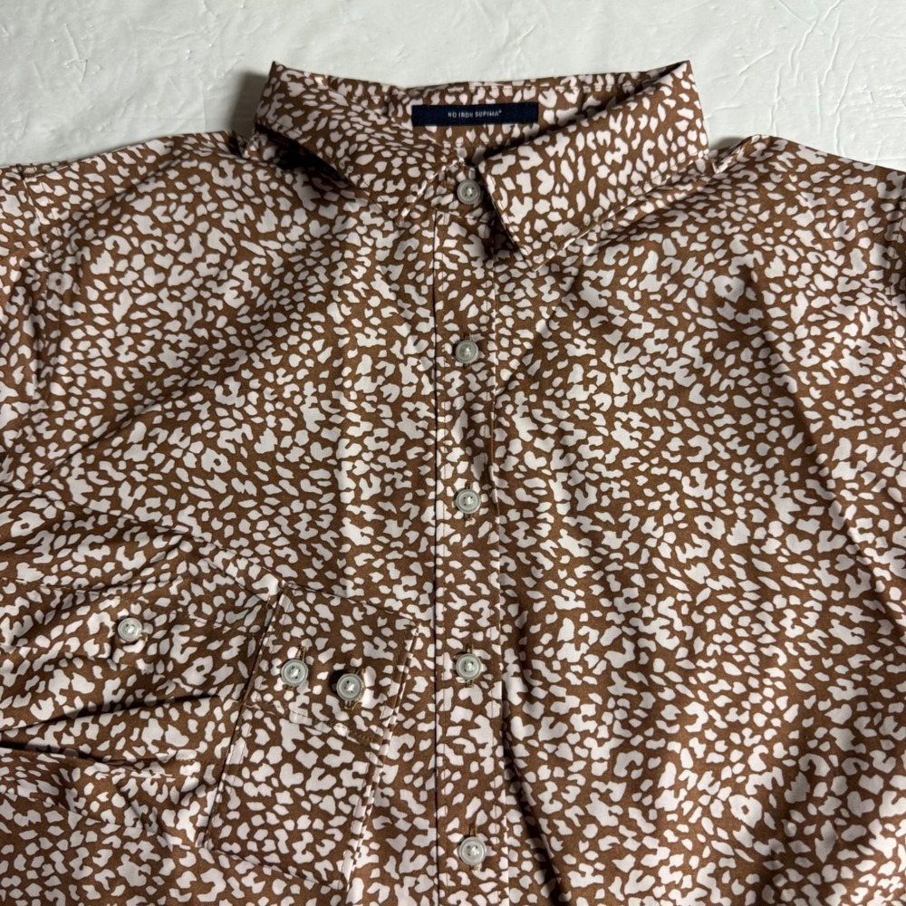 Lands End No Iron Supima Cotton Shirt 8P Brown White Animal Print Button Down